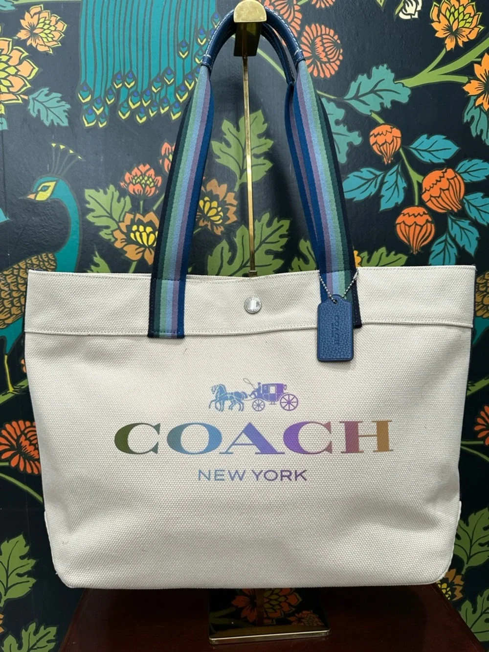 Coach Rainbow Logo Canvas Tote Bag Stripe Handles 2020 Large Carryall - Picture 3 of 14